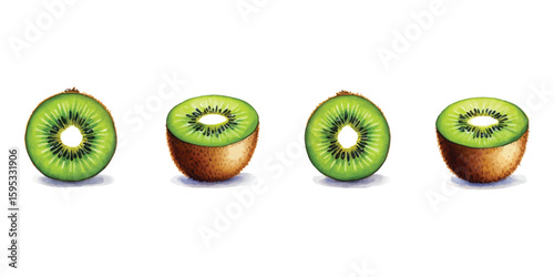 Four Cross-Sections of Ripe Kiwi Fruit Displaying Juicy Green Flesh and Tiny Black Seeds Ready to Eat