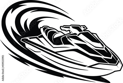 Dynamic Jet Ski Splashing on Water Vector Line Art.

