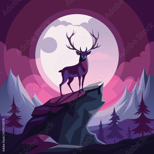 Composition of a circle an with elk staying on the top of the mountain