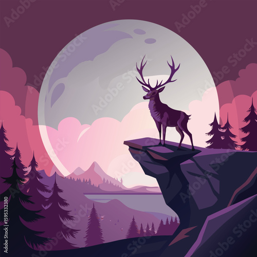 Composition of a circle an with elk staying on the top of the mountain