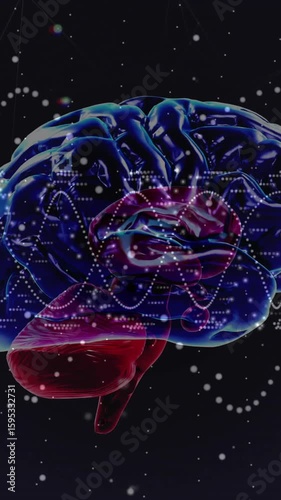 Animation of digital data processing, human brain over dna strand spinning