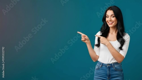 Happy caucasian woman pointing her fingers to the left at empty copy space