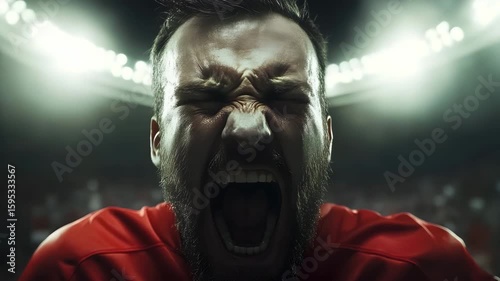 Man with open mouth and beard expressing emotions while shouting in a dynamic outdoor setting