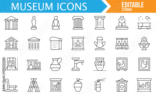 Museum Icons Set Featuring Artifacts, Buildings, and Sculptures