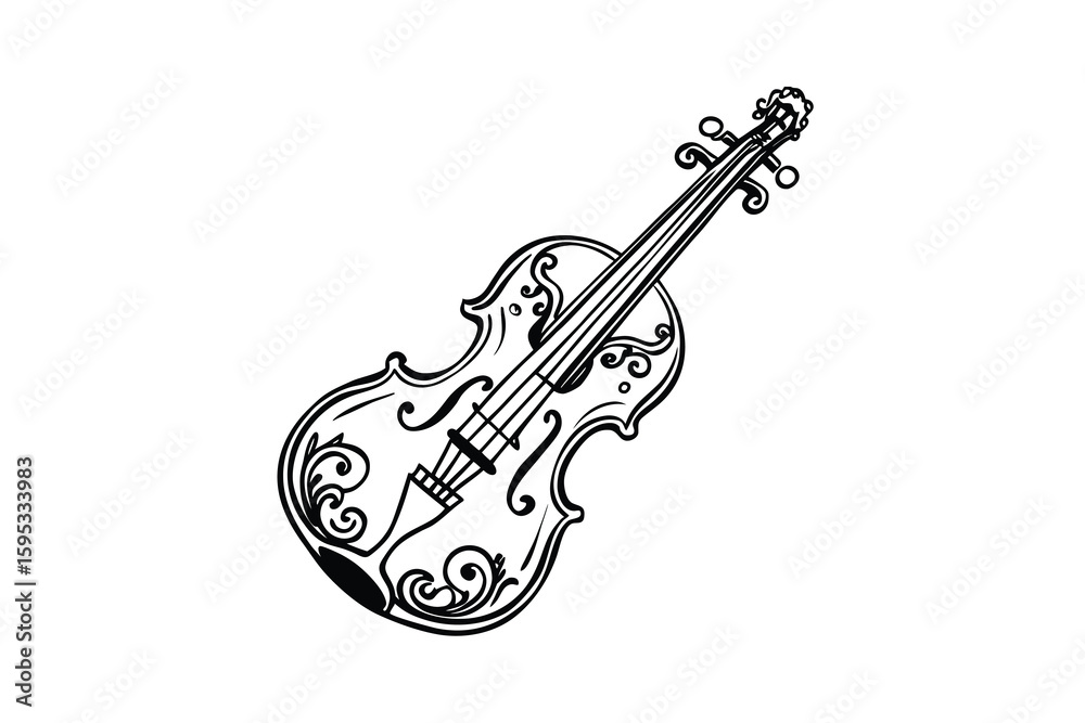 Obraz premium Elegant Violin Illustration with Swirling Ornaments a Classic Musical Instrument Depicted in a Detailed Black and White Line Drawing on a Clean White Background