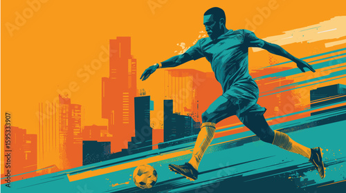 Dynamic Soccer Player Illustration Action on Urban Backdrop Orange Sky and Teal Ground Showcasing Athleticism and Energy