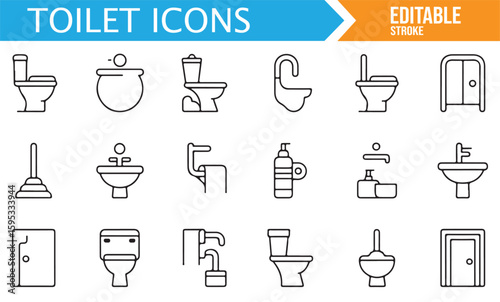Various Toilet and Sink Icons for Bathroom and Hygiene Illustration