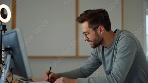 Man Working From Home Office Using Computer and Ring Light