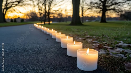 Warm glow of flickering candles arranged neatly on the ground creating a cozy and inviting atmosphere