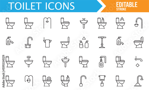Bathroom and Toilet Icons Set for Plumbing and Hygiene Applications