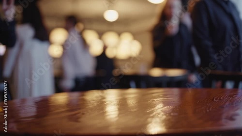 Empty wooden table surface with blurred crowd in café background for product display or design layout purposes