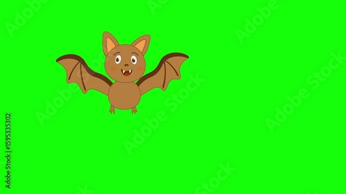 Cute cartoon bat flying in a seamless loop while smiling, isolated on green chroma key background. Perfect for Halloween animations, overlays, kids content, and festive motion graphics.