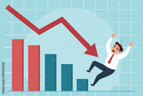Stressed man dramatically falls near a sharply declining bar graph with a red arrow