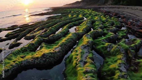 Sunrise over the striking stone trenches of Laomei Green Reef