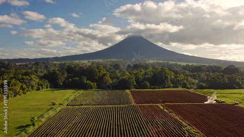 Aerial view of farmland and rainforest surrounding majestic volcano