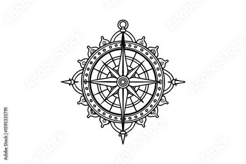 Intricate compass rose design with detailed line work perfect for nautical themes travel illustrations or vintage map elements isolated on a white background for easy