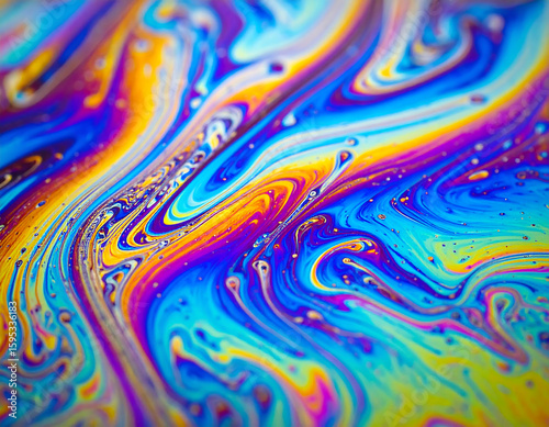 Abstract close-up of vibrant, swirling iridescent colors resembling liquid patterns and textures.