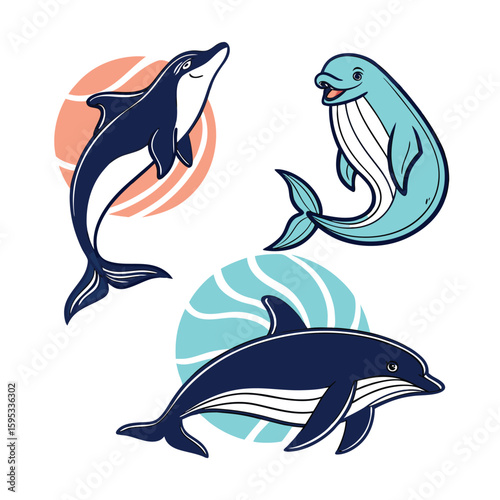 Modern flat marine mammal icons with fluid shapes and gradient accents