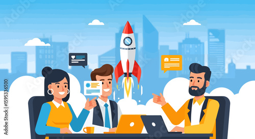 Cartoon Team Launching a Rocket Concept of Starting a Business and Business Growth