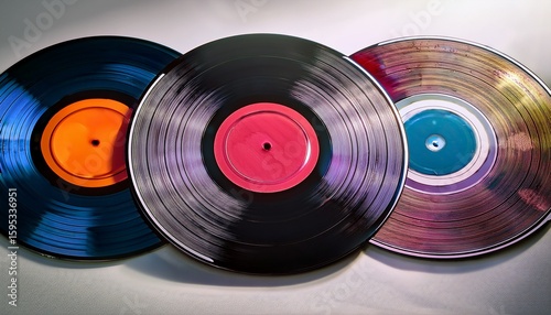 colorful vinyl records arranged on a transparent surface