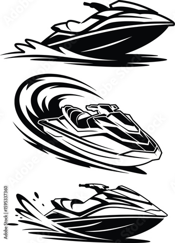 Jet Ski Vector Set, Speed Watercraft Silhouettes for Marine and Sports Design.

