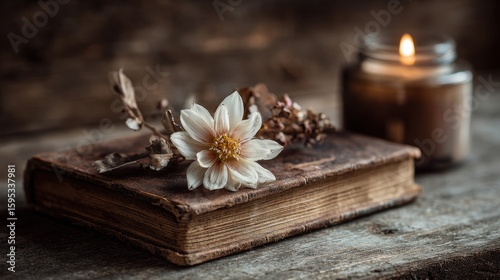Vintage Still Life: Serene Journal with Floral Accents Amidst Wooden Decor and Gentle Candlelight