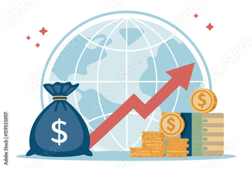 Blue money bag sits near a red growth arrow and gold coins before globe