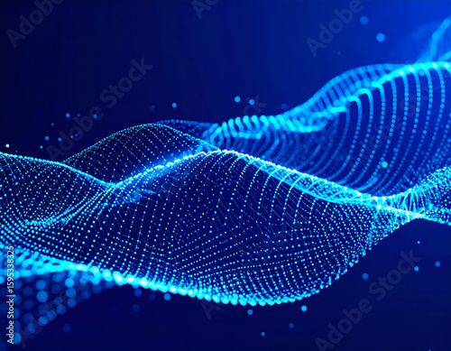 Abstract blue digital wave pattern with dots and lines, creating a flowing, futuristic, and technological design.