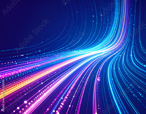 Abstract swirling light trails, vibrant colors, dynamic energy, futuristic digital flow.