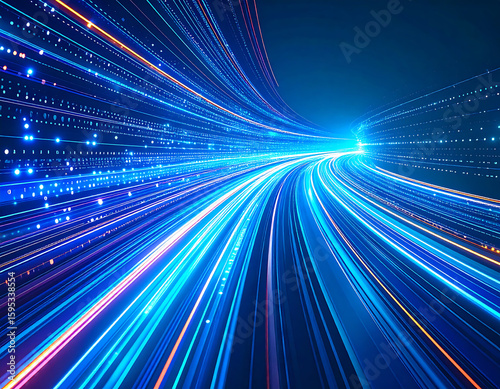 Abstract depiction of light streaks converging into a bright point, creating a sense of speed and movement.