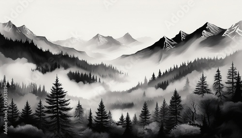 monochrome foggy mountains with trees