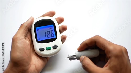 Hands checking blood sugar levels with a digital glucose meter. Diabetic health monitoring using a lancet and glucose device. Minimalistic medical testing for diabetes care.
