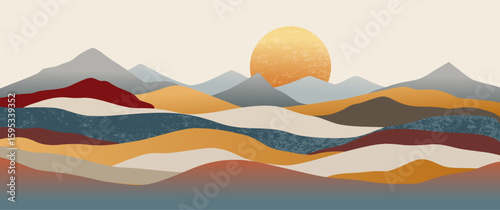 Boho abstract mountain landscape layered hills, bold sunset, warm neutral earth tones with textured digital painting for prints, modern wall art