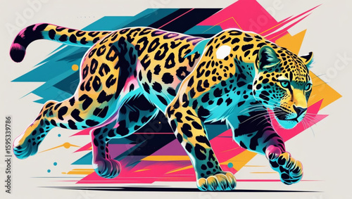 Stylized graphic illustration of a running jaguar in a vibrant retro style