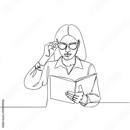 Woman reading a book while adjusting her glasses in minimalist style  