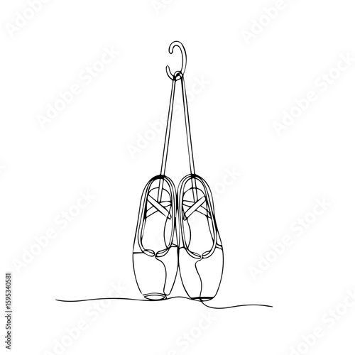 Ballet shoes hanging on a hook in minimalist line art style  