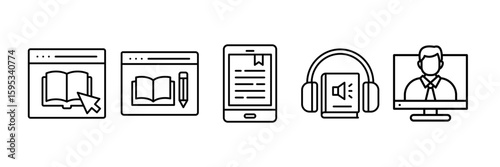 Online Education Icon Set, Containing design Education, Digital Book, E-Book, Audiobooks, Tutor