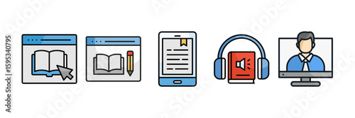 Online Education Icon Set, Containing design Education, Digital Book, E-Book, Audiobooks, Tutor