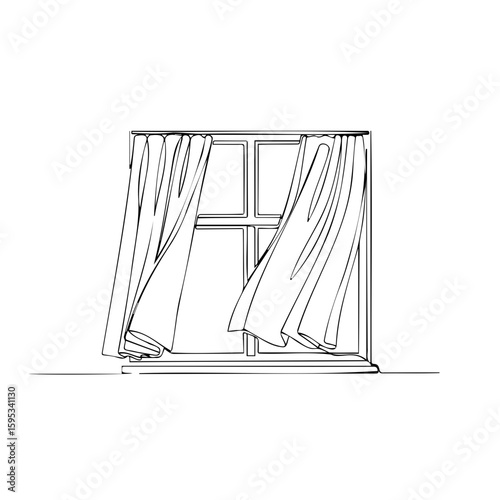 Open window with flowing curtains in minimalist black and white design  