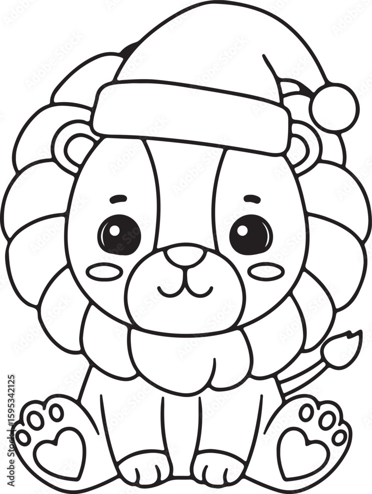 Fototapeta premium Smiling cartoon tiger cub with Santa hat and striped tail, front view, black and white outline for holiday page