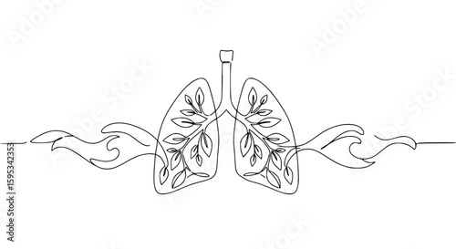 Simple line art illustration of lungs with leaf motifs  