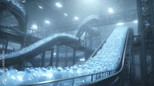 Conveyor of Illuminated Plastic Bottles in Sci-Fi Setting