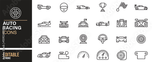 Auto Racing Icons Set for Illustrating Motorsports, Car Racing, and Victory