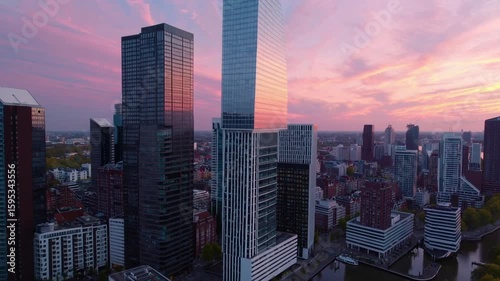 Ariel Perspective of Metropolis Skyline at Dawn