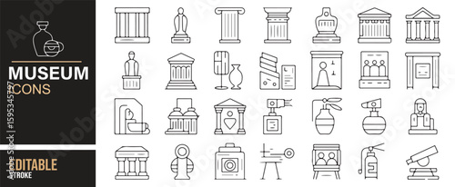 Museum Icons Set Featuring Artifacts, Sculptures, and Historical Architecture