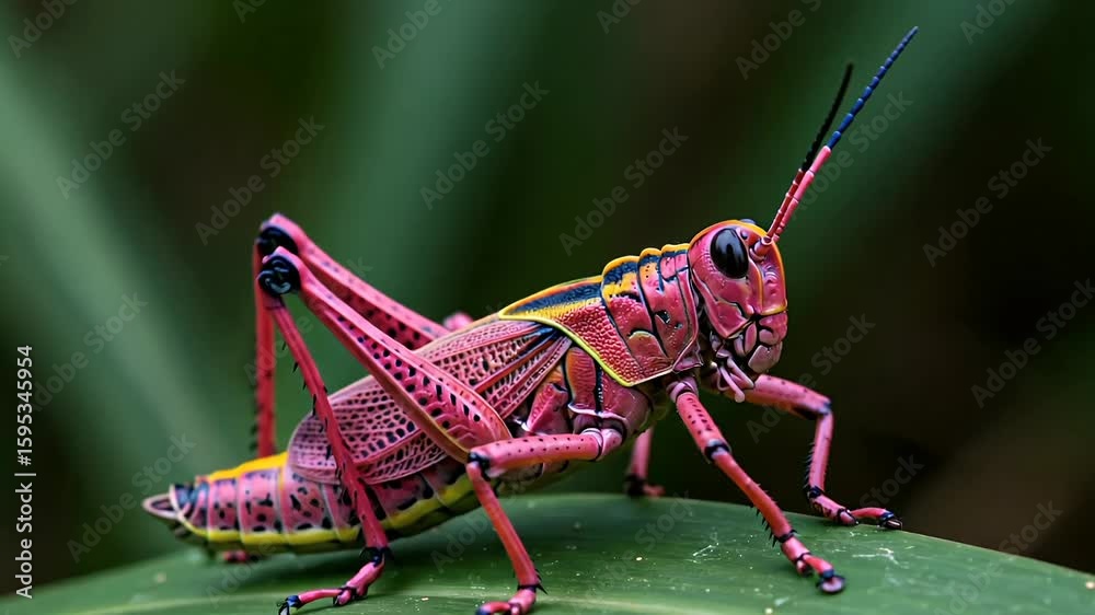 A bright pink grasshopper is perched on a green leaf with the dark green background slightly blurred out