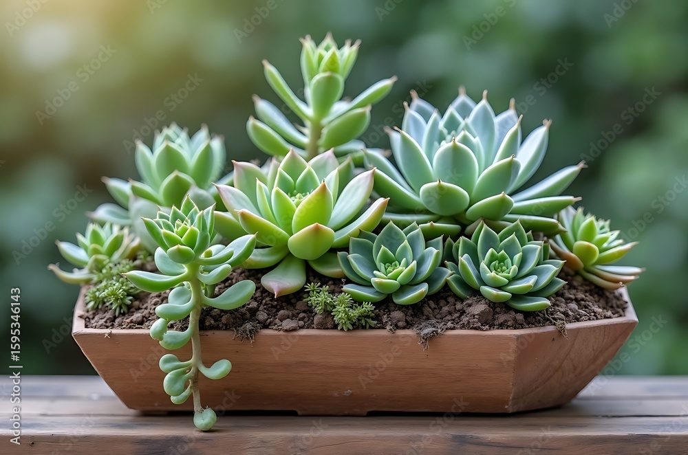 Obraz premium Succulents Collection in Wooden Planter Natural Light Windowsill Decor ai generated