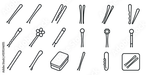 Collection of hair styling tools including combs, bobby pins, and hair clips. The image is in black and white and has a minimalist feel