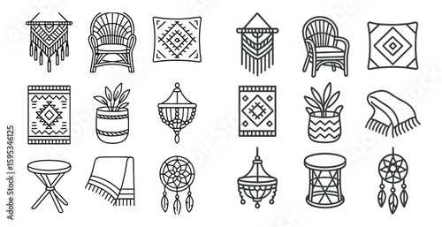 Set of black and white icons of various home decor items, including a chair, a plant, a pillow, and a vase