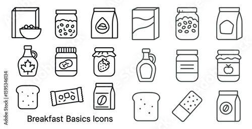 Set of breakfast icons including a box of cereal, a jar of peanut butter, a jar of jelly, a jar of jam, a jar of honey, a jar of applesauce, a jar of peanut butter, a jar of jelly,
